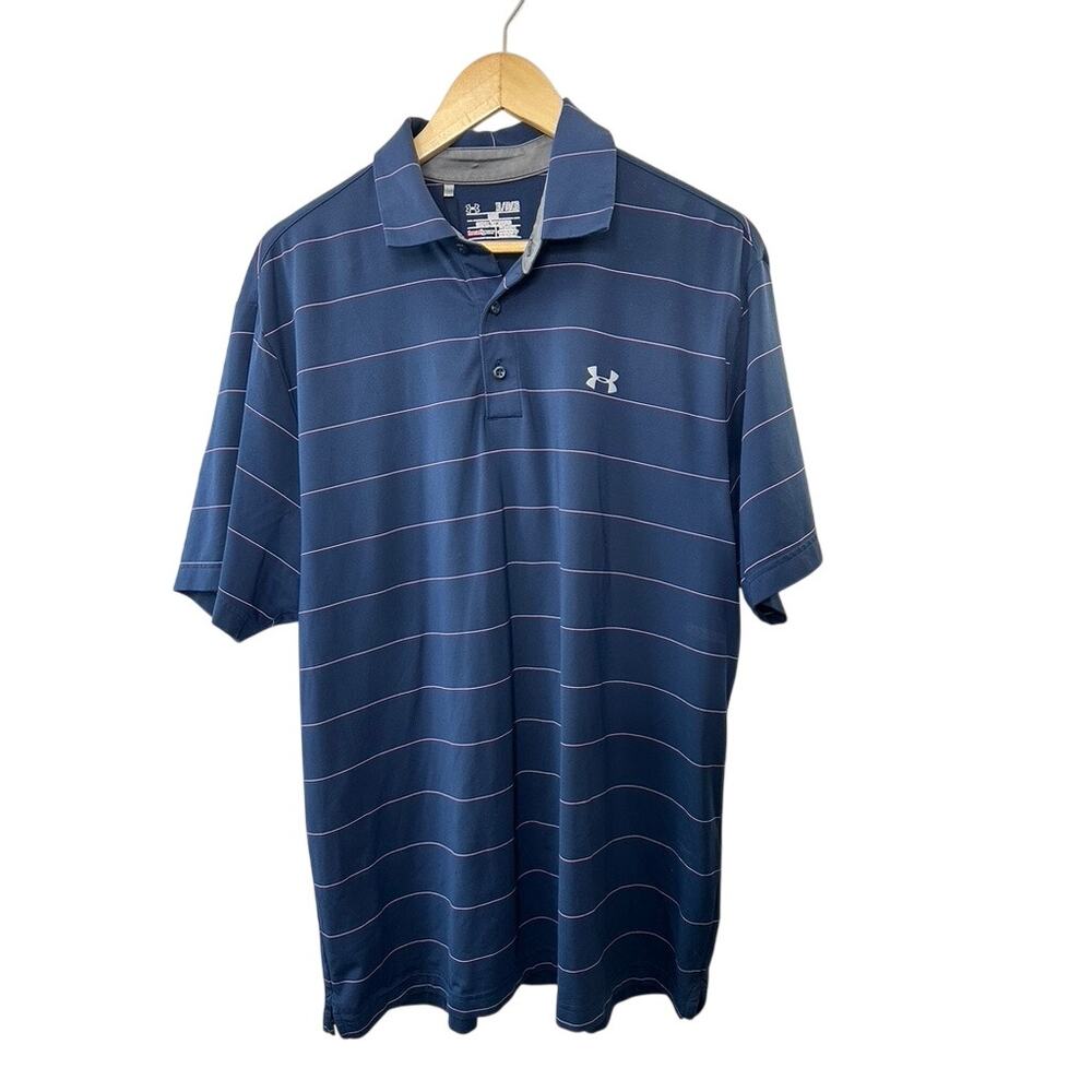 Under Armour Loose Fit Heat Gear Navy Blue Stripe Polo Shirt Men's XL
